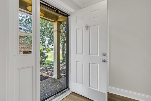 foyer with baseboards and wood finished floors