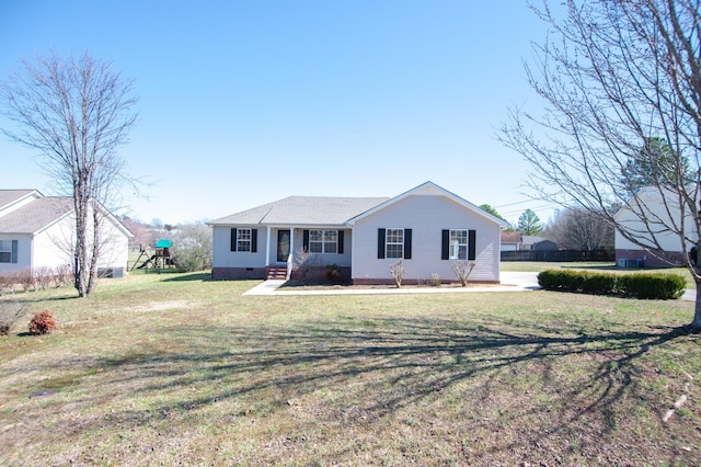 view of front of property featuring crawl space, a playground, and a front yard