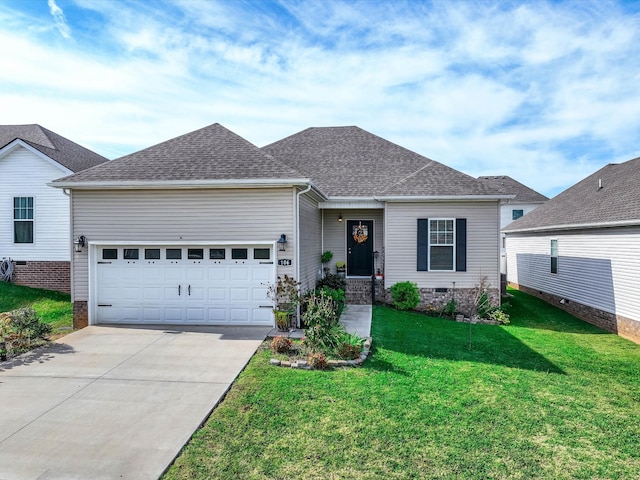 ranch-style house with driveway, a garage, a shingled roof, crawl space, and a front yard