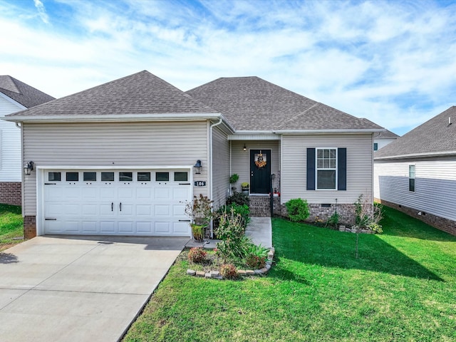 view of front of house featuring a shingled roof, concrete driveway, an attached garage, a front yard, and crawl space