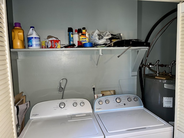 laundry room with water heater, laundry area, and washer and dryer