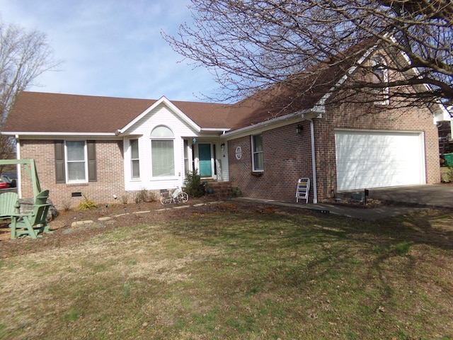 ranch-style home featuring driveway, a garage, brick siding, crawl space, and a front yard