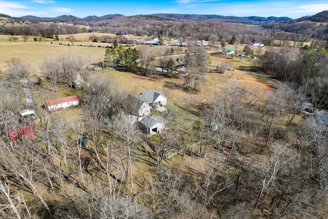 aerial view featuring a rural view and a mountain view