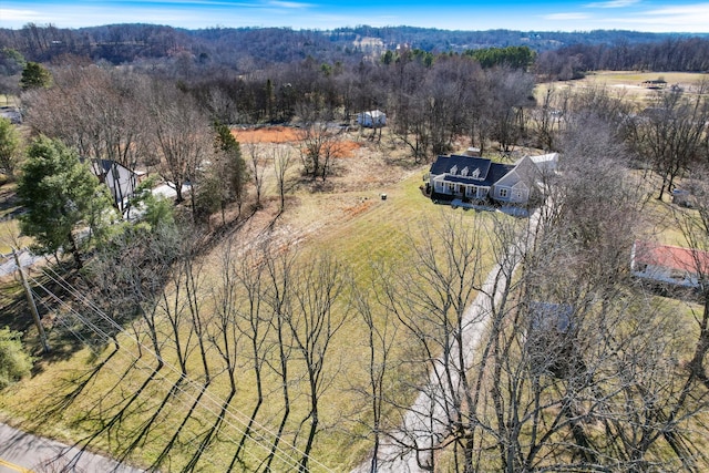 bird's eye view with a wooded view