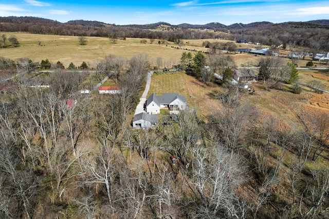 birds eye view of property featuring a rural view and a mountain view