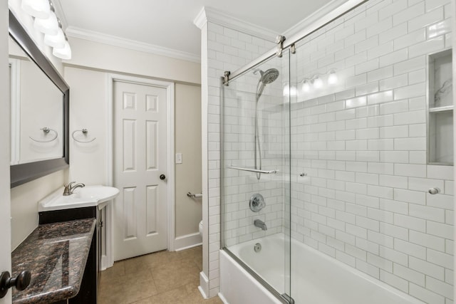 bathroom with toilet, ornamental molding, enclosed tub / shower combo, vanity, and tile patterned flooring