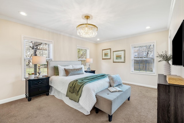 bedroom featuring light carpet, baseboards, and crown molding