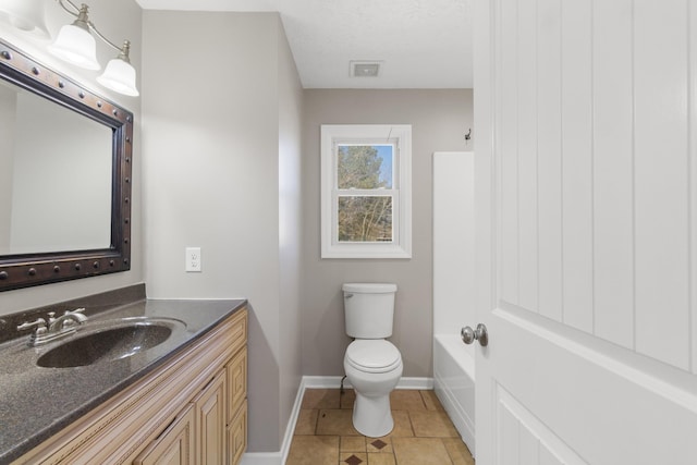 full bathroom with toilet, visible vents, vanity, and baseboards