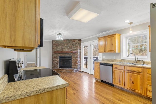 kitchen featuring light wood-style flooring, light countertops, crown molding, stainless steel appliances, and a sink