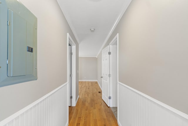 hall with ornamental molding, wainscoting, electric panel, and light wood-style flooring