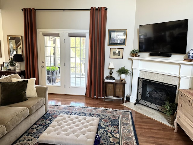 living area with a premium fireplace and wood finished floors