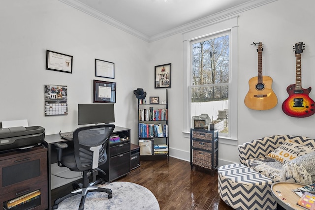 office with ornamental molding, baseboards, and wood finished floors