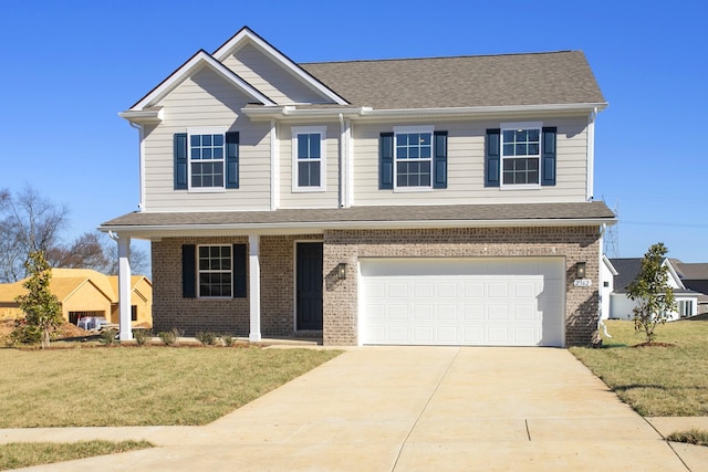 view of front of house featuring an attached garage, covered porch, brick siding, concrete driveway, and a front lawn