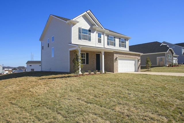 view of front of house featuring a garage, driveway, brick siding, and a front yard