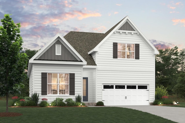 view of front of home with a garage, concrete driveway, roof with shingles, board and batten siding, and a front yard