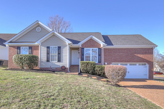 single story home featuring a front lawn, roof with shingles, and brick siding