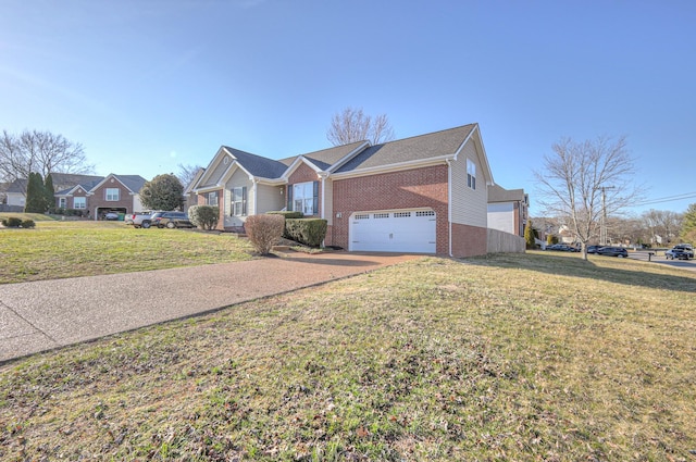 view of front of house featuring driveway, a residential view, a front lawn, and brick siding