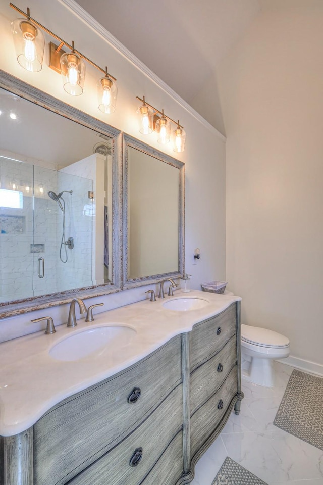 full bath featuring marble finish floor, a sink, a shower stall, and double vanity