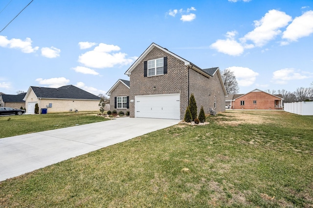 traditional home with a garage, concrete driveway, brick siding, and a front lawn