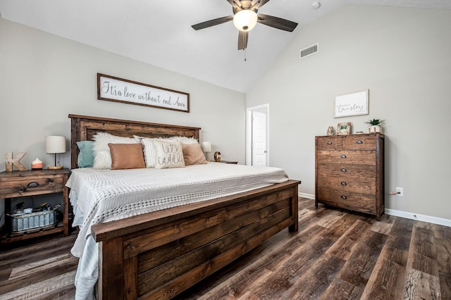 bedroom with visible vents, dark wood-type flooring, ceiling fan, high vaulted ceiling, and baseboards