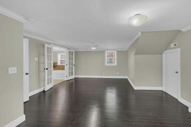 interior space featuring dark wood-type flooring, visible vents, baseboards, french doors, and crown molding