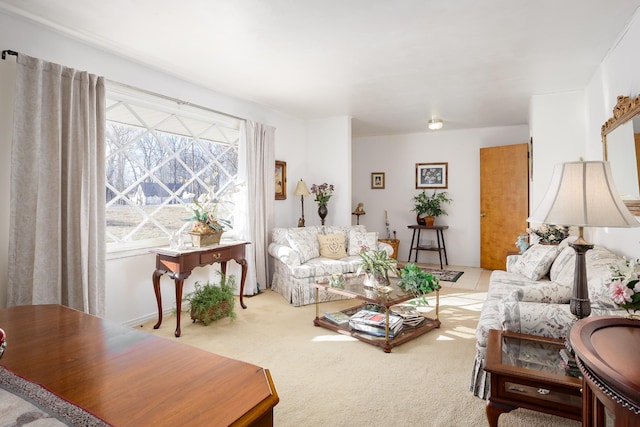 living room with light colored carpet