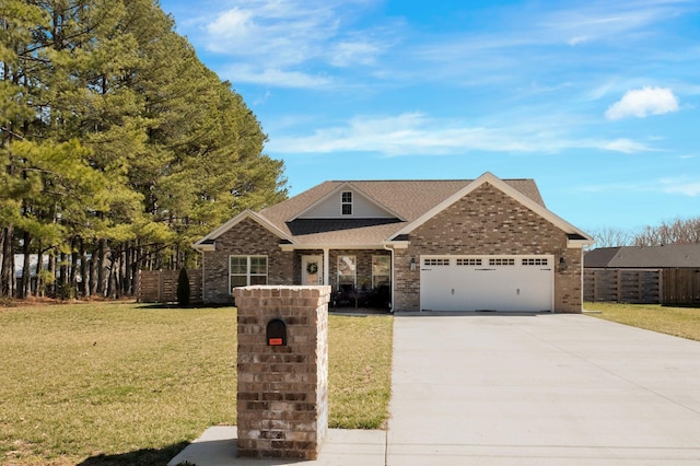 view of front of house featuring a garage, brick siding, fence, concrete driveway, and a front lawn