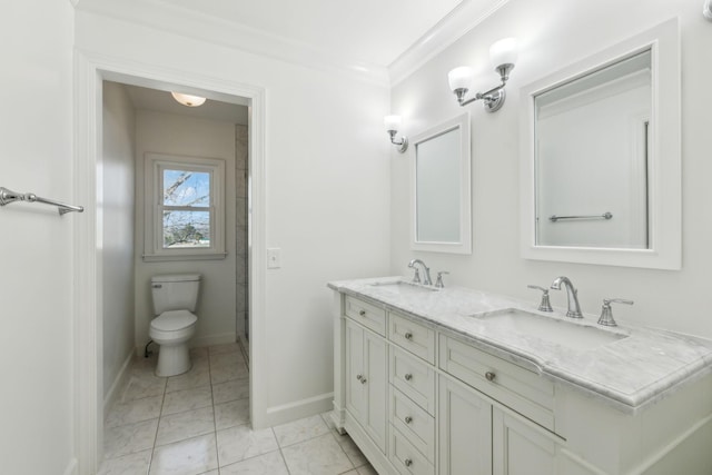 full bath featuring toilet, crown molding, double vanity, and a sink