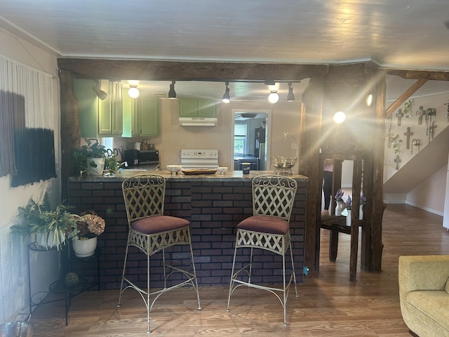 bar with ornamental molding, wood finished floors, white range with electric stovetop, and under cabinet range hood