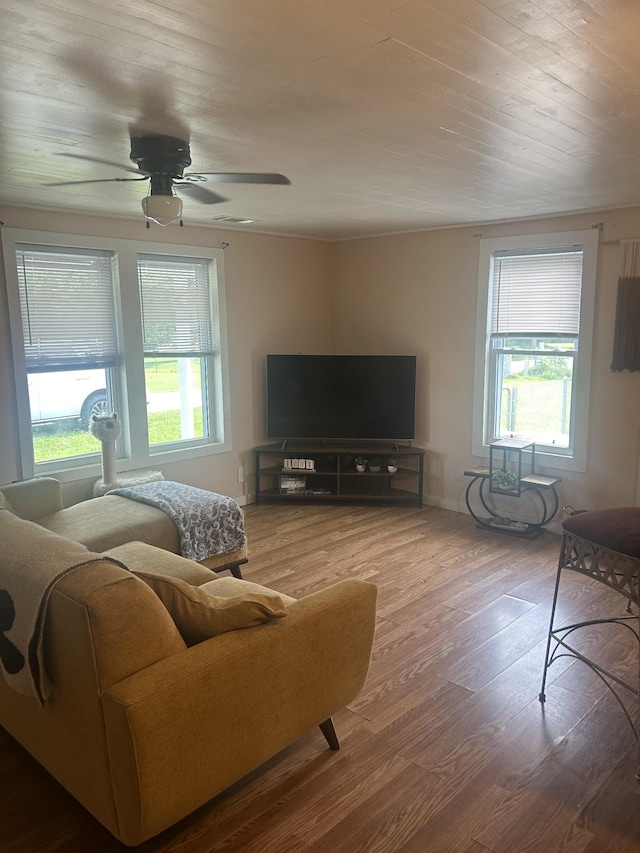 living area with a ceiling fan and wood finished floors