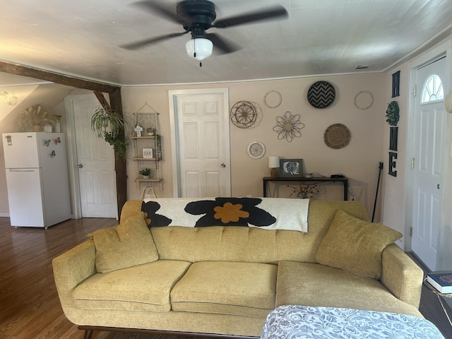 living room featuring a ceiling fan and wood finished floors