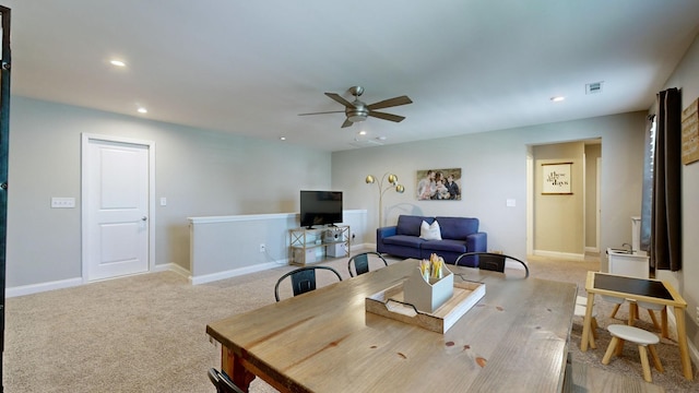 interior space featuring baseboards, visible vents, a ceiling fan, and recessed lighting