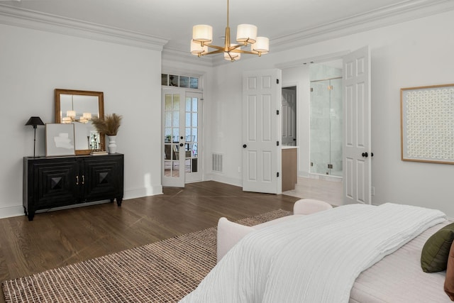 5042 Hill Place Dr, Nashville, TN 37205 - bedroom with an inviting chandelier, wood finished floors, visible vents, and crown molding