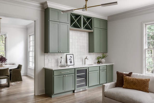 5042 Hill Place Dr, Nashville, TN 37205 - bar featuring a wealth of natural light, wine cooler, ornamental molding, and backsplash