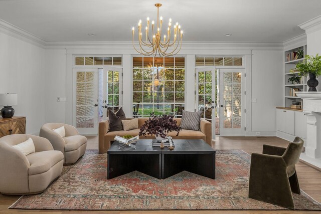 5042 Hill Place Dr, Nashville, TN 37205 - living area with plenty of natural light, ornamental molding, wood finished floors, and french doors