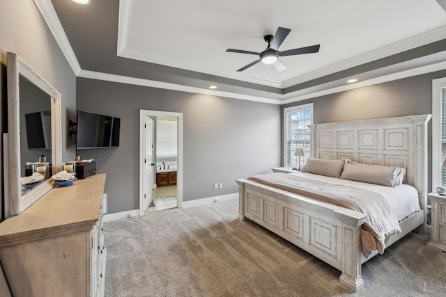 bedroom with baseboards, a raised ceiling, light colored carpet, ornamental molding, and recessed lighting