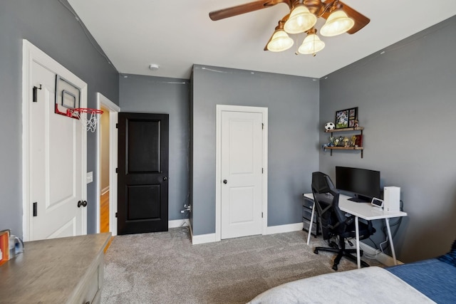 bedroom with carpet flooring, ceiling fan, and baseboards