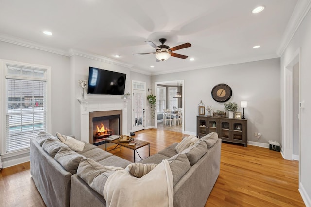 living area with ornamental molding, light wood-type flooring, recessed lighting, and baseboards