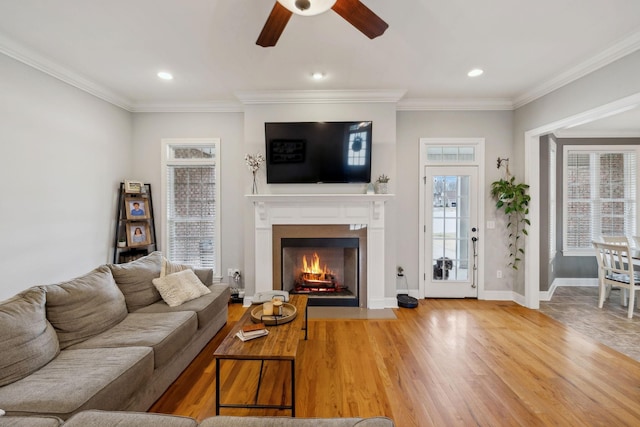 living room featuring a fireplace with flush hearth, crown molding, baseboards, and wood finished floors