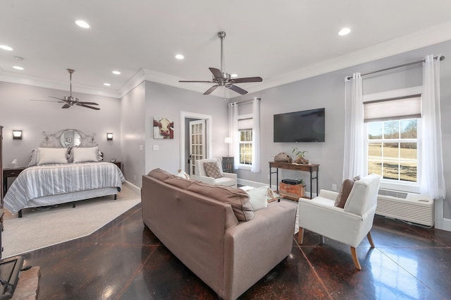 bedroom featuring baseboards, ceiling fan, crown molding, and recessed lighting