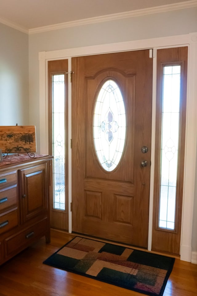 foyer with ornamental molding, wood finished floors, and a wealth of natural light