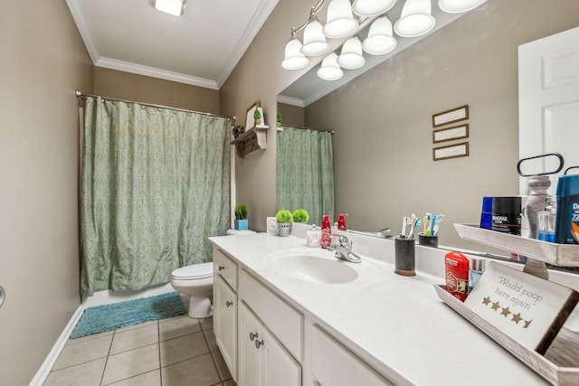 full bath featuring toilet, tile patterned flooring, vanity, and crown molding