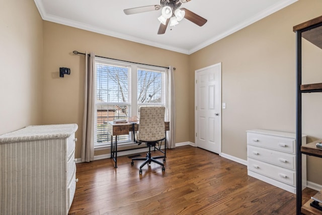 home office with ornamental molding, dark wood-style flooring, baseboards, and a ceiling fan