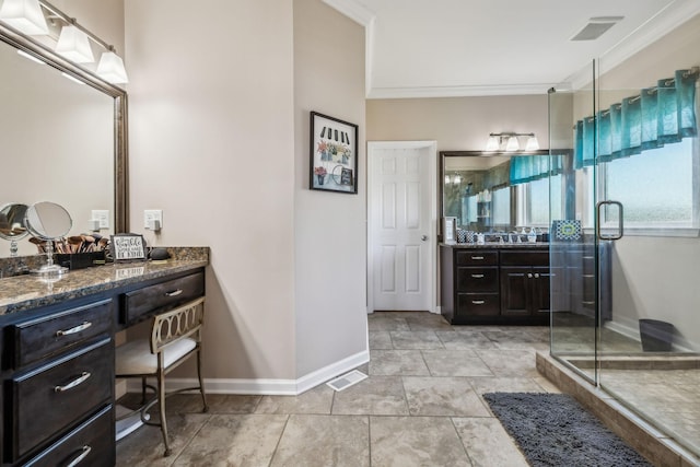 full bathroom featuring visible vents, a shower stall, and vanity