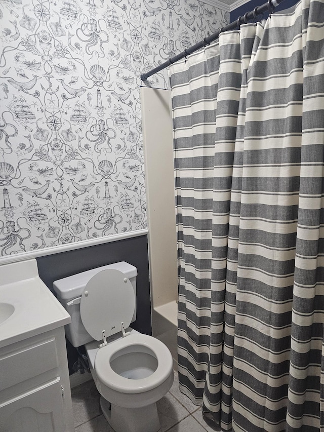 bathroom featuring wallpapered walls, toilet, tile patterned flooring, shower / bath combo with shower curtain, and vanity