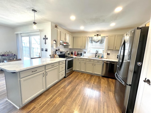 kitchen with decorative backsplash, appliances with stainless steel finishes, dark wood-type flooring, a peninsula, and under cabinet range hood