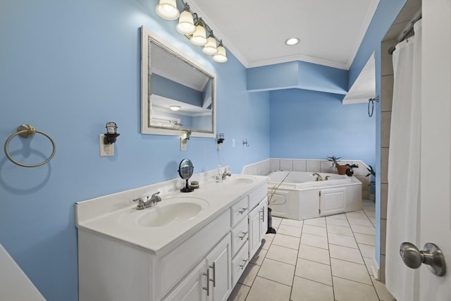 bathroom with double vanity, crown molding, a sink, and tile patterned floors
