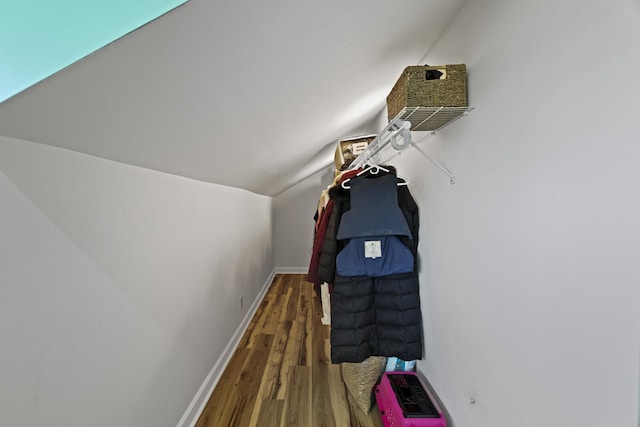 interior space with lofted ceiling and wood finished floors