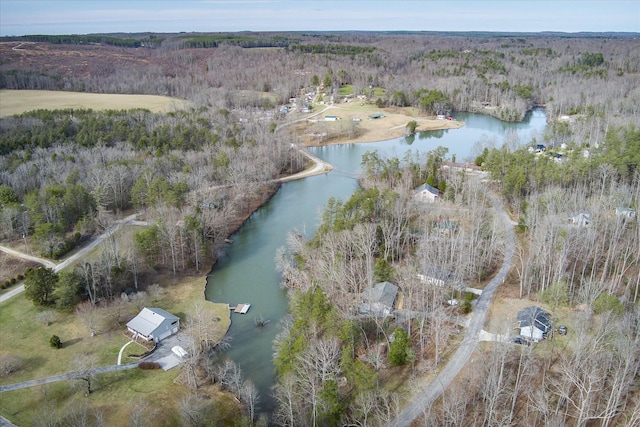 bird's eye view featuring a water view and a wooded view