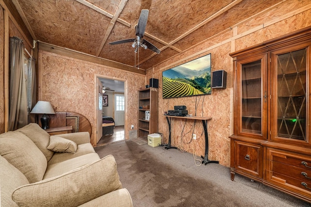 living room featuring ceiling fan and carpet flooring